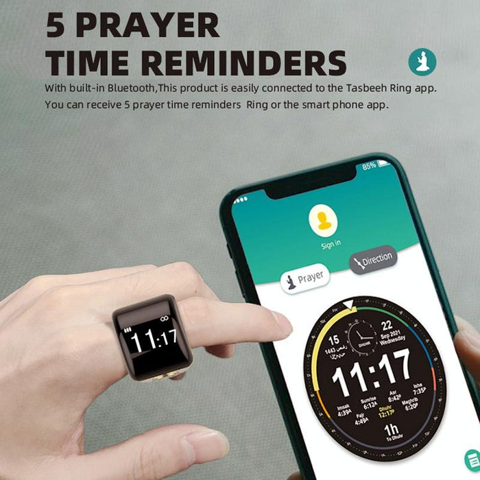 Smart Bluetooth Finger Counter Muslim Prayer Time Reminder Ring - Black 18Mm