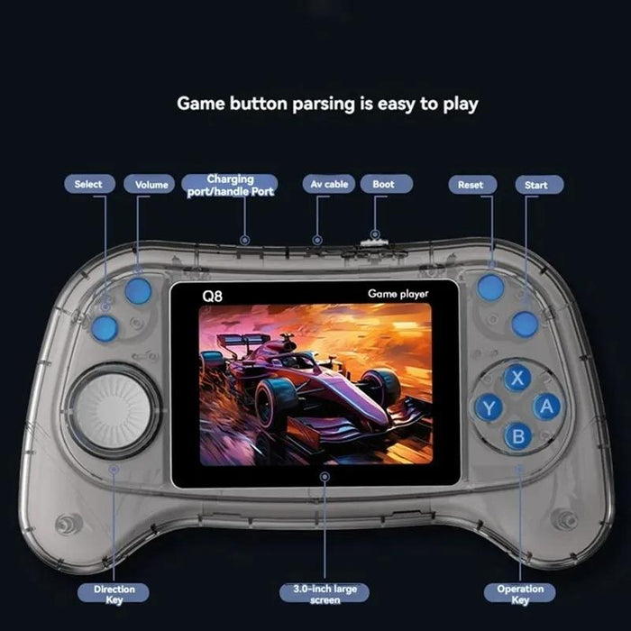 Q8 Handheld Game Console 3.0 Inch Screen Support Tv Connection Built In 800 Games Doubles Transparent Blue