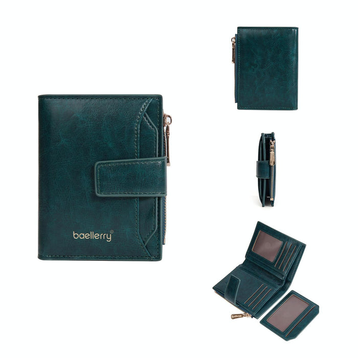 N5122 Women Short Wallet Oil Waxed Leather Zipper Clasp Coin Purse