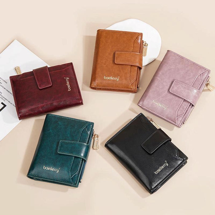 N5122 Women Short Wallet Oil Waxed Leather Zipper Clasp Coin Purse