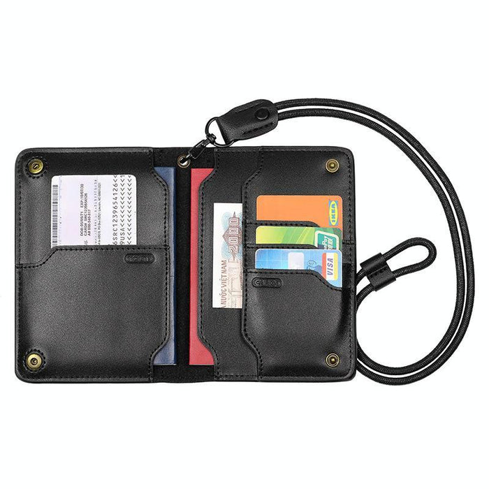 Genuine Leather Passport Card Holder Id / Boarding Pass Wallet With Card Slots & Ticket Pocket Black
