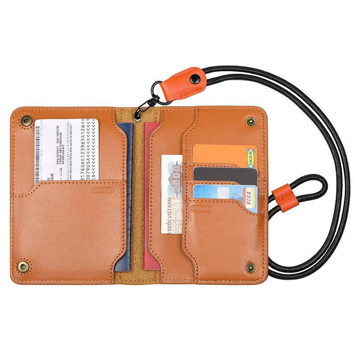 Genuine Leather Passport Card Holder Id / Boarding Pass Wallet With Card Slots & Ticket Pocket Black