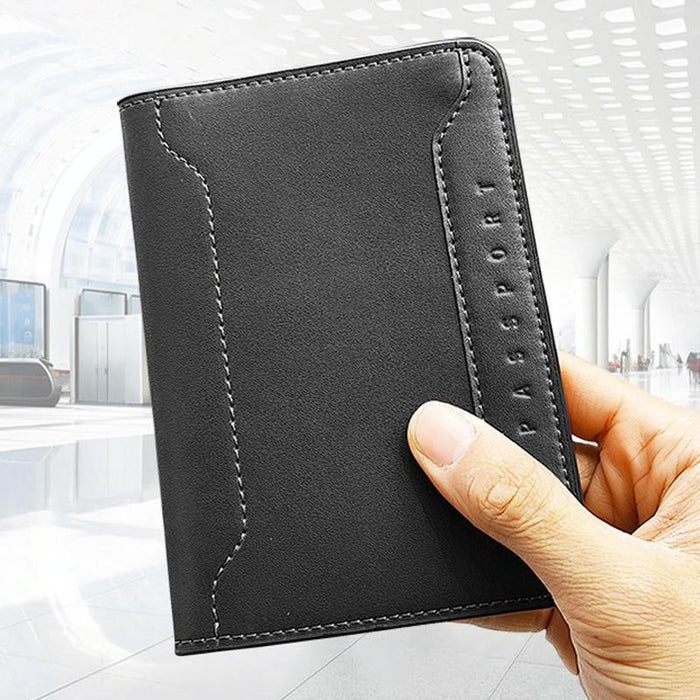 Genuine Leather Passport Card Holder Id / Boarding Pass Wallet With Card Slots & Ticket Pocket Black