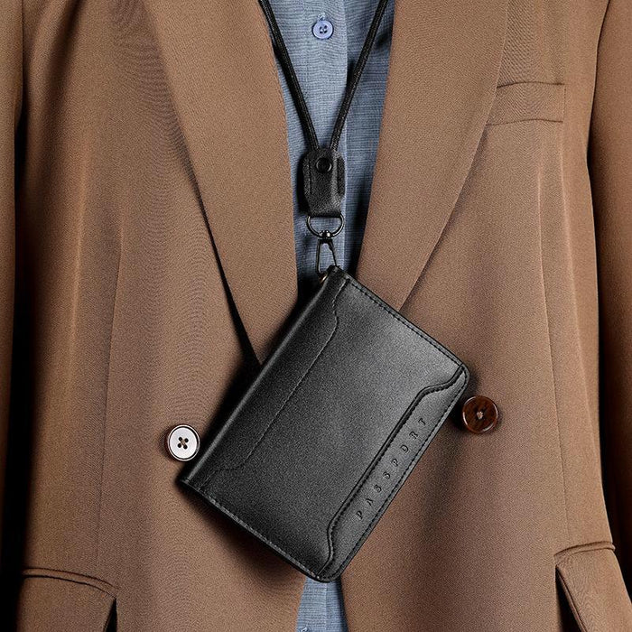 Genuine Leather Passport Card Holder Id / Boarding Pass Wallet With Card Slots & Ticket Pocket Black