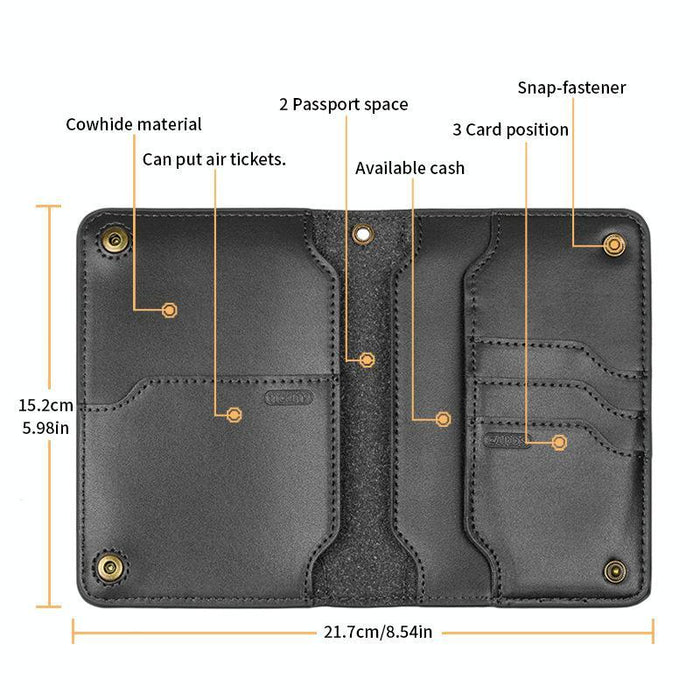 Genuine Leather Passport Card Holder Id / Boarding Pass Wallet With Card Slots & Ticket Pocket Black