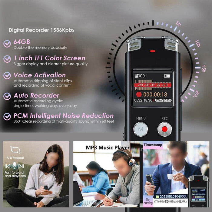Portable Hd Noise-Cancelling Voice-Activated Digital Voice Recorder For Conferences Capacity 128Gb