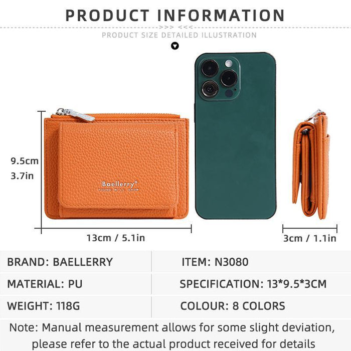 N3080 Women Compact Pebble Grain Tri-Fold Wallet Slim Zippered Coin Purse With Quick-Access Id Slot