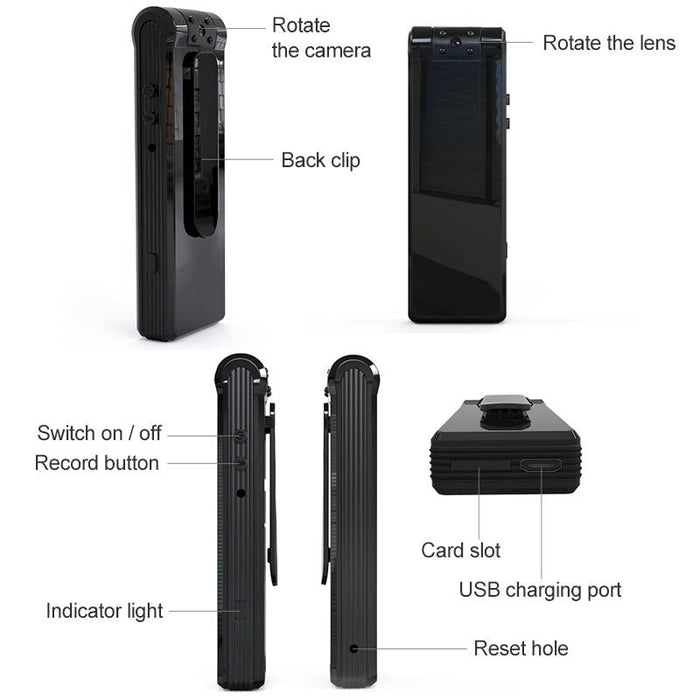 B19 Back Clip Design 1080P Hd Camera Video Recorder Support Motion Detection / Infrared Night Vision / 180 Degrees Rotation Camera / Tf Card / Otg