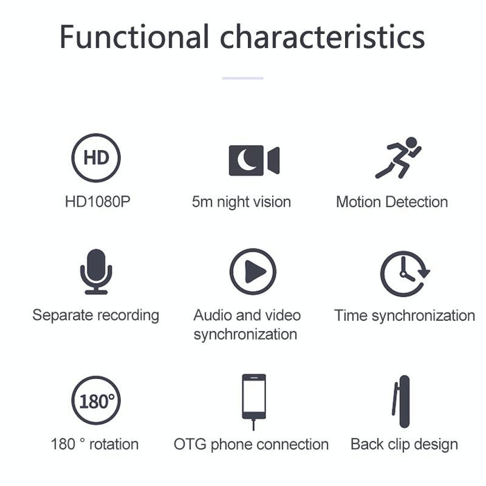 B19 Back Clip Design 1080P Hd Camera Video Recorder Support Motion Detection / Infrared Night Vision / 180 Degrees Rotation Camera / Tf Card / Otg