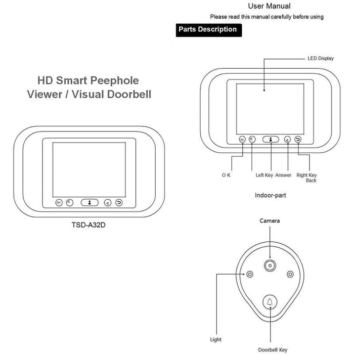 3.2 Inch Led Display 720P Hd Smart Peephole Viewer / Visual Doorbell Support Tf Card 32Gb Max