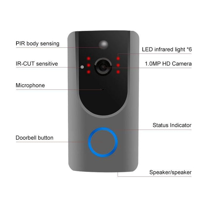 720P Security Camera Smart Wifi Video Doorbell Intercom Support Tf Card & Night Vision & Pir Detection App For Ios And Android With Ding Dong / Chime Grey