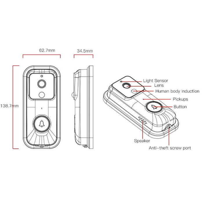 720P Smart Wifi Video Visual Doorbell Support App Remote & Pir Detection & Tf Card White