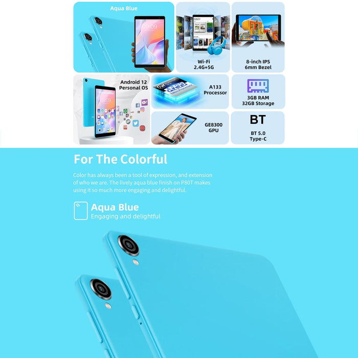 8 Tablet 3Gb 32Gb Android 12 Quad Core Dual Wifi Bluetooth Tf Card Global Version Google Play Blue