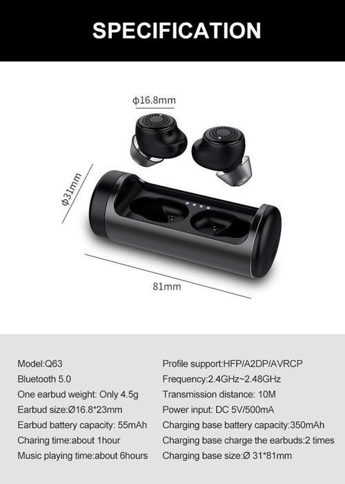 Q63 Tws Wireless Bluetooth Waterproof Earbuds 3D Stereo Earphones With Charging Base Case