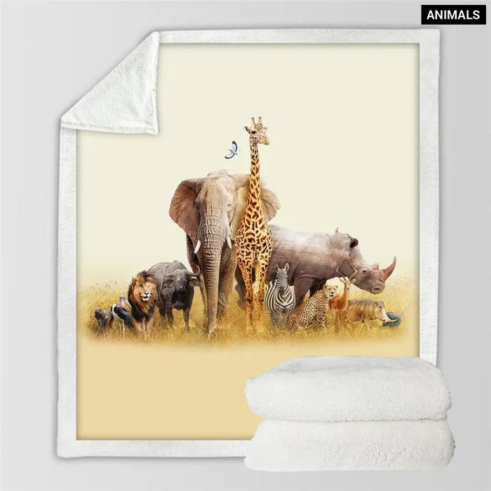 African Throw Blanket Animals Ethnic Sherpa Fleece Giraffe