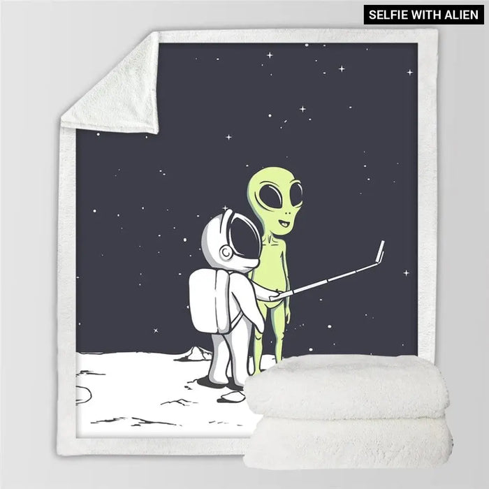 Alien Sherpa Throw Blanket Astronaut Stars Bedspread Selfie