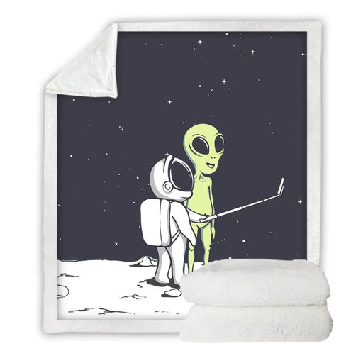 Alien Sherpa Throw Blanket Astronaut Stars Bedspread Selfie