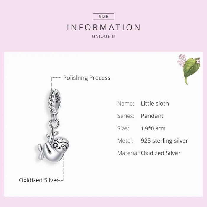 Animal 925 Sterling Silver Cute Little Sloth Charm Fit Women