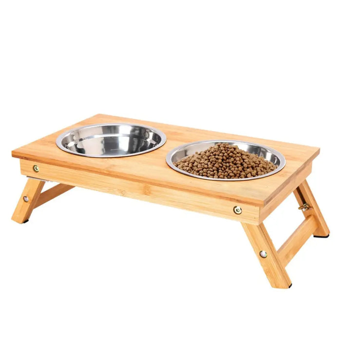 Anti-skidding Adjustable Bamboo Pet Feeder Double Dog Bowls