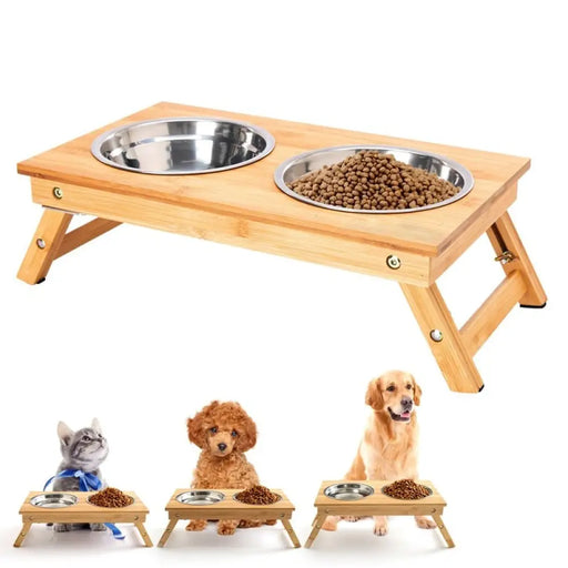 Anti-skidding Adjustable Bamboo Pet Feeder Double Dog Bowls