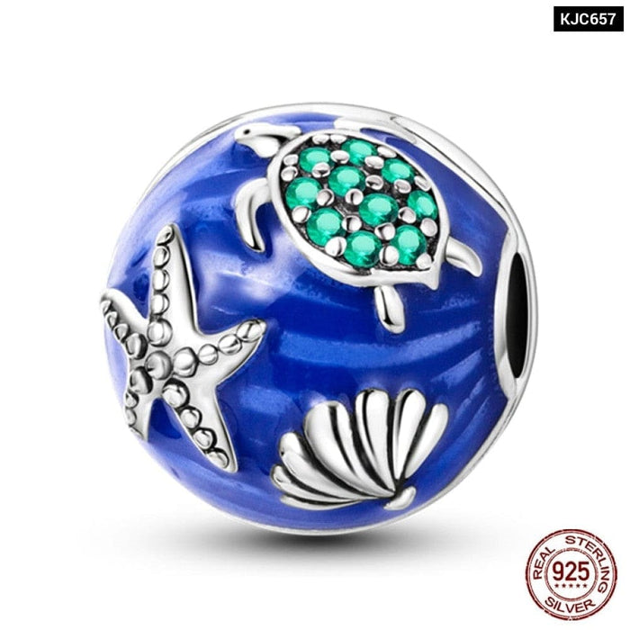 Authentic 925 Sterling Silver Blue Eagle Wings Round Charms Beads Fit Original Pandora Bracelet DIY Jewelrys For Women