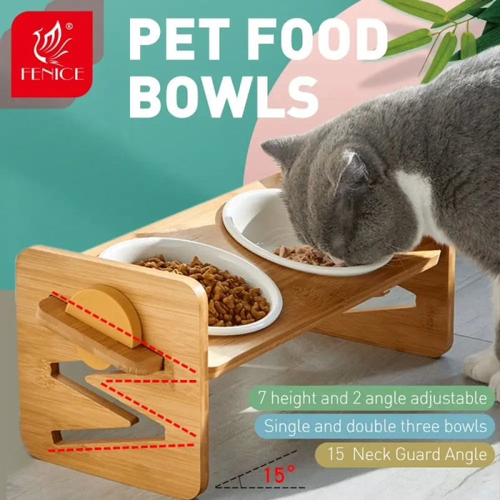 Cat Bamboo Bowl Ceramic Protection Double Anti-overturning