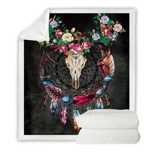 Boho Dreamcatcher Sherpa Throw Blanket Tribal Horns Flower