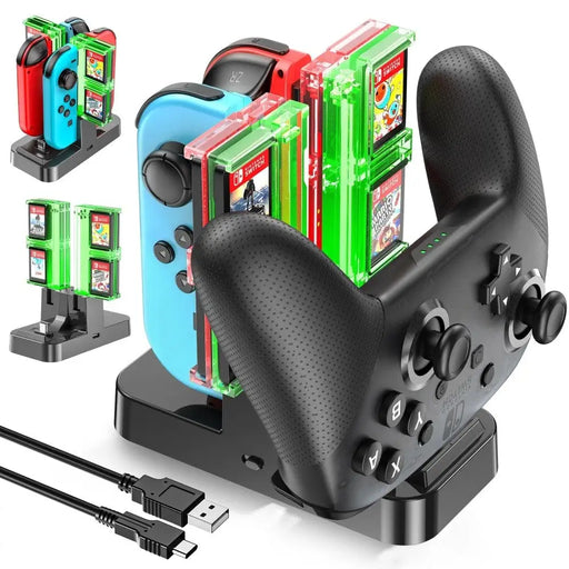 Charging Dock Led Indicator Joycon Charger With 8 Game Card
