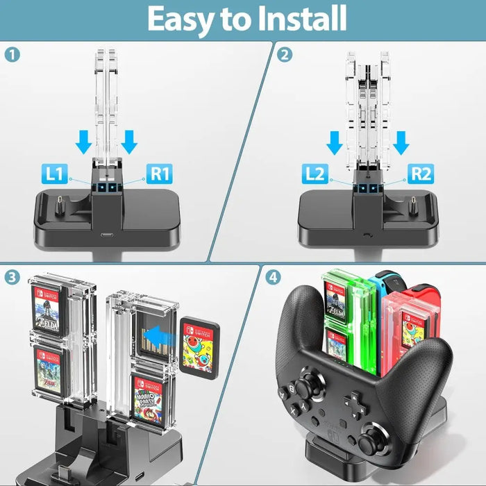 Charging Dock Led Indicator Joycon Charger With 8 Game Card