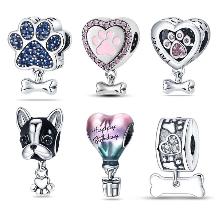 Cute Heart Pet Paw Charms Fit Pandora 925 Original Bracelets 925 Silver Balloon Charms Beads For Jewelrys