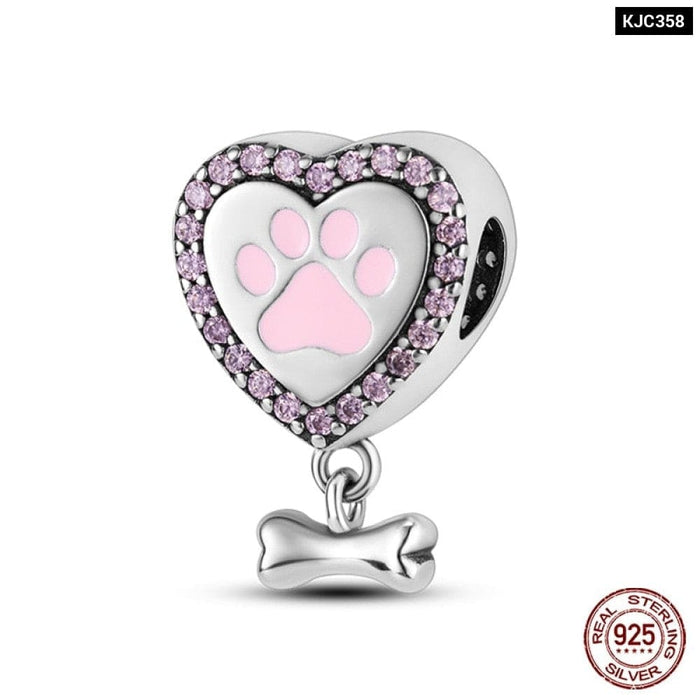 Cute Heart Pet Paw Charms Fit Pandora 925 Original Bracelets 925 Silver Balloon Charms Beads For Jewelrys