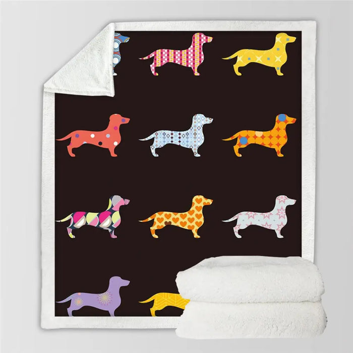 Dachshund Sherpa Fleece Blanket Cartoon Colorful Plush Throw