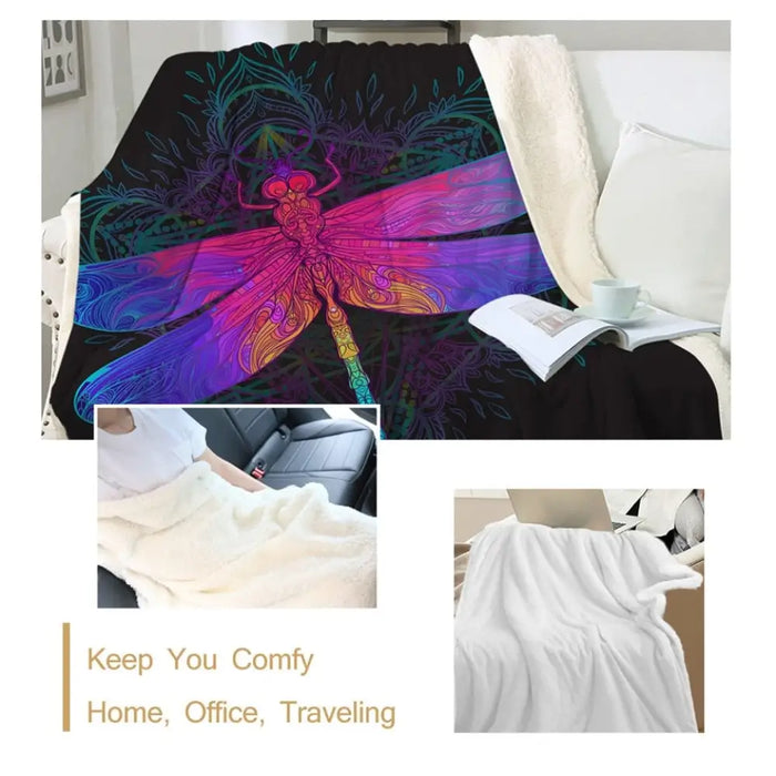 Dragonfly Mandala Sherpa Blanket Colorful Bedspread Boho