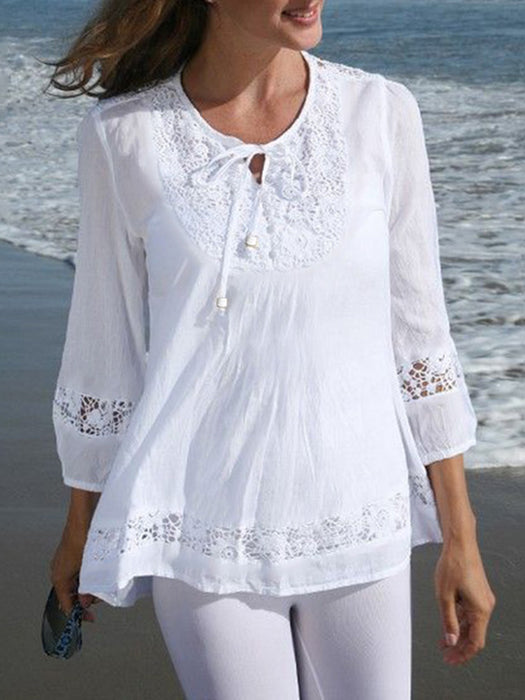 3/4 Sleeve Lace Splicing Blouse with Knotted Detail