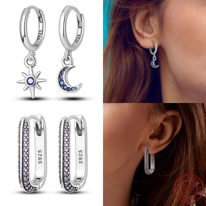 Earrings For Women 925 Sterling Silver Original Charm Double Hoop Earrings Pave CZ Fine Anniversary Jewelry