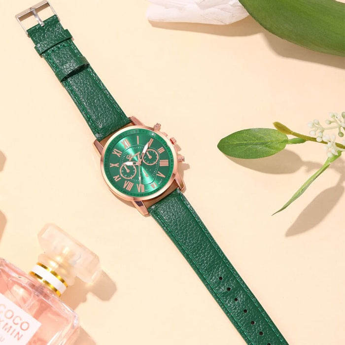 Fashion Women Watches Green Leather Quartz Wrist Watch For Women Bussiness Casual Watch