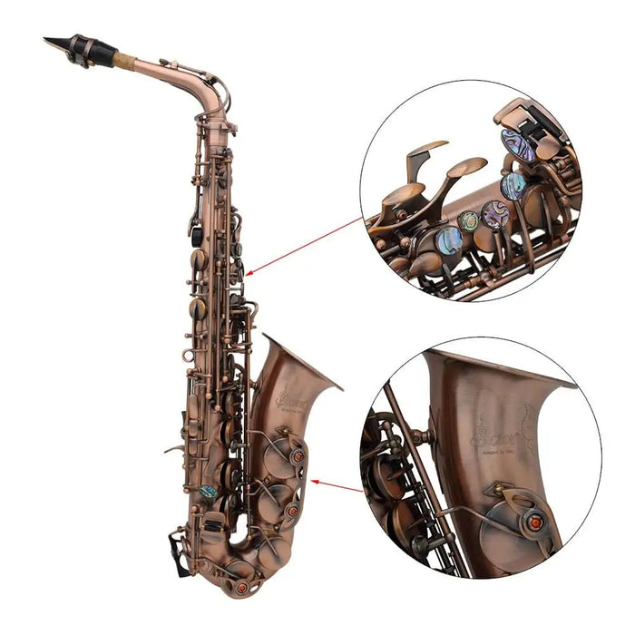 Eb E-flat Alto Saxophone Sax Red Bronze Bend Abalone Shell