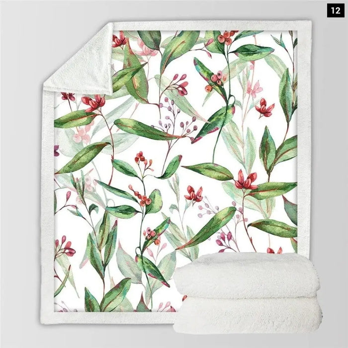 Flowers Sherpa Throw Blanket Leaves Red Green White