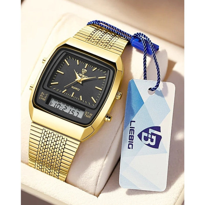 Golden Steel Strap Quartz Sport Watch Mens Dual Time Week Display Digital Wristwatches Waterproof Clock