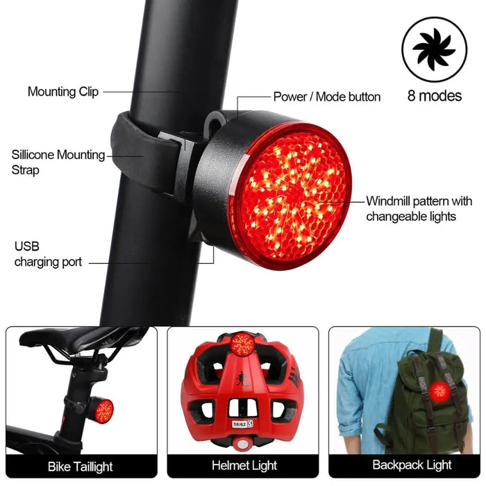 High Brightness Usb Rechargable Tail Light With 8 Modes