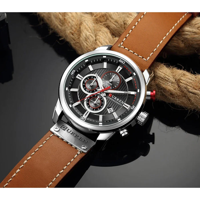 High Quality Leather Strap Chronograph Quartz Wristwatch For Men