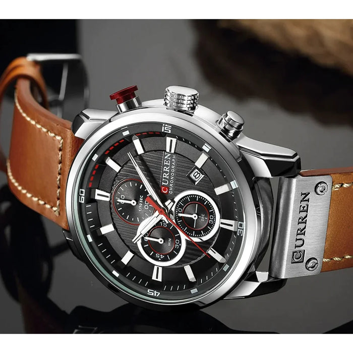 High Quality Leather Strap Chronograph Quartz Wristwatch For Men