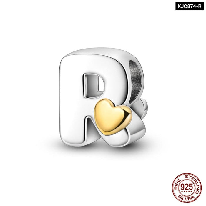 Womens 925 Sterling Silver Classic Golden Heart 26 Alphabet Letters Charms Beads Fit Pandora Bracelets Lucky Diy Jewellery