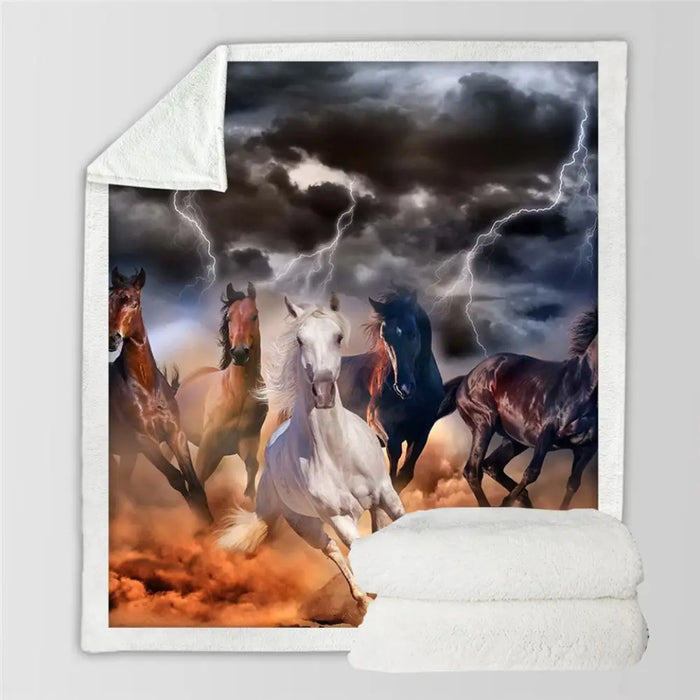 Horses Sherpa Throw Blanket3d Dusty Lightning Printed