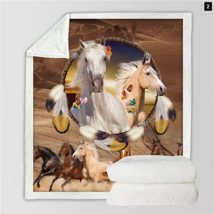 Horses Sherpa Throw Blanket3d Dusty Lightning Printed