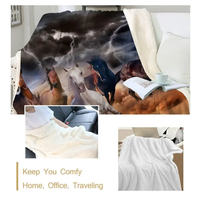 Horses Sherpa Throw Blanket3d Dusty Lightning Printed