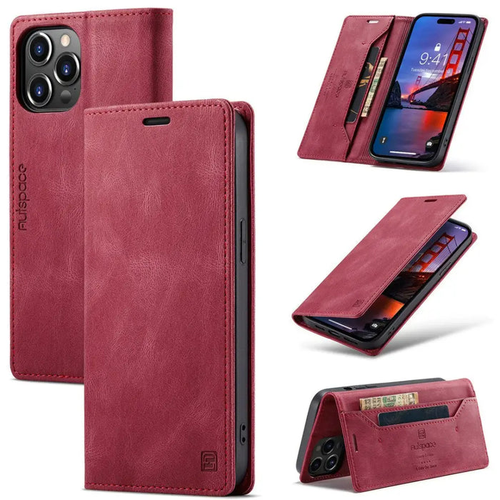 For Iphone 14 Pro Max Case Retro Pattern Real Leather Card