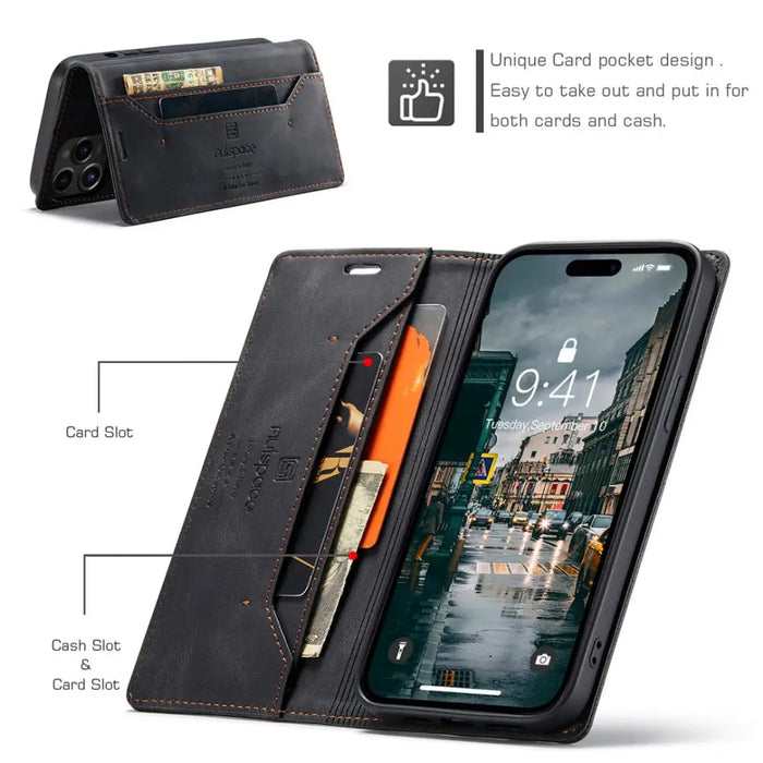 For Iphone 14 Pro Max Case Retro Pattern Real Leather Card