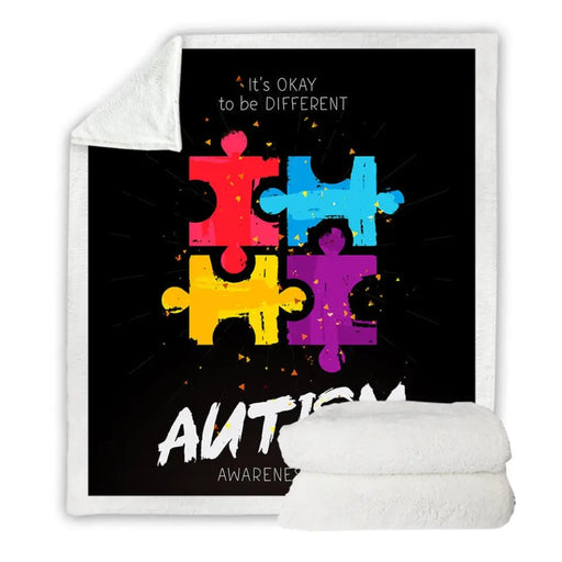 Jigsaw Sherpa Throw Blanket Autism Bedspread Colorful Plush
