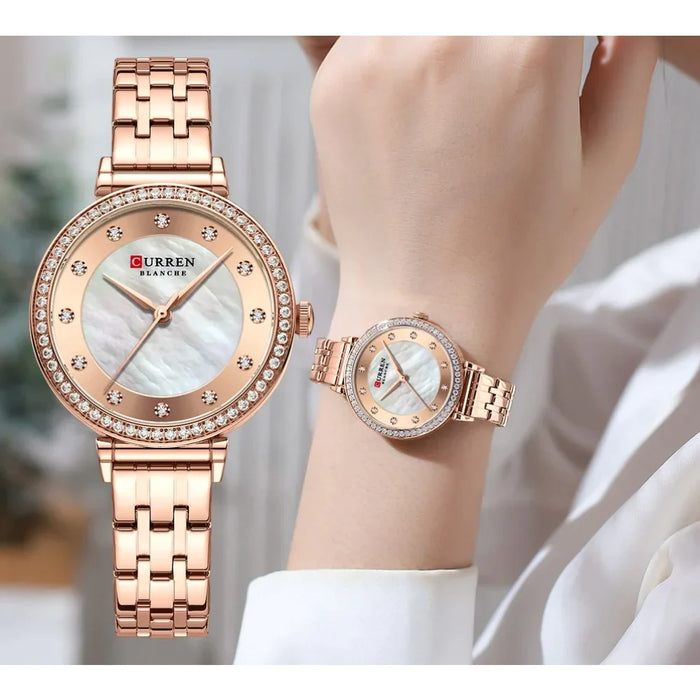 Ladies Quartz Watches With Shells Dial Stainless Steel Bracelet Wristwatch For Women Rhinestones Clock